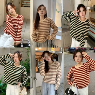 🔥 พร้อมส่ง🔥เสื้อกันหนาว ผ้าไหมพรมถัก เสื้อแขนยาว ลายทางคอกลม ส่งเร็วส่งไว