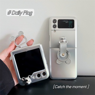 เคสโทรศัพท์มือถือ ชุบไฟฟ้า กันกระแทก พร้อมแหวนขาตั้ง รูปหมี สําหรับ Samsung Galaxy Z Flip3 Flip4 Flip5