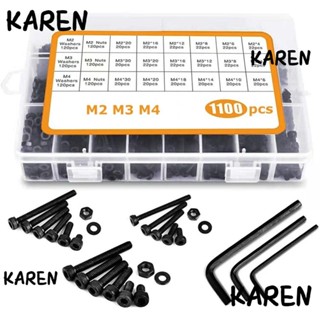 Karen สกรูเมตริก หกเหลี่ยม สีดํา 18 ขนาด พร้อมประแจหกเหลี่ยม M2 M3 M4 12.9 1100 ชิ้น