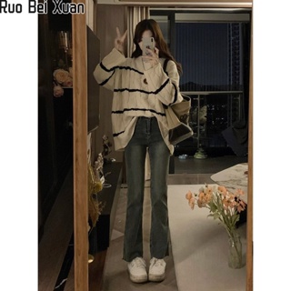 Ruo Bei Xuan เสื้อกันหนาวแขนยาว ผ้าถัก ทรงหลวม ลายทาง สีตัดกัน สไตล์เรโทร สําหรับผู้หญิง