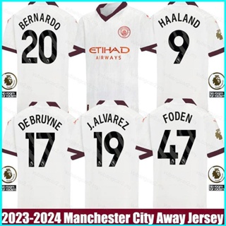 เสื้อกีฬาแขนสั้น ลายการ์ตูน Manchester City Away Bernardo Grealish Haaland Alvarez Foden DeBruyne Jersey พลัสไซซ์ 2023-2024