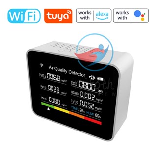 13 in 1 Tuya WIFI เครื่องตรวจจับคุณภาพอากาศอัจฉริยะ CO2 CO2 TVOC HCHO PM2.5 PM1.0 PM10 อุณหภูมิ ความชื้น เวลา วันที่ ปลุก จับเวลา นาฬิกาจับเวลา รองรับรีโมตคอนโทรล APP