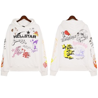 Hellstar เสื้อกันหนาว มีฮู้ด พิมพ์ลายกราฟฟิติ โลโก้ 100% ทรงหลวม สไตล์วินเทจ สําหรับผู้ชาย