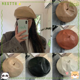 Nextth หมวกเบเร่ต์ หนัง PU ทรงแปดเหลี่ยม สีดํา สไตล์เรโทร แฟชั่นฤดูใบไม้ผลิ และฤดูหนาว