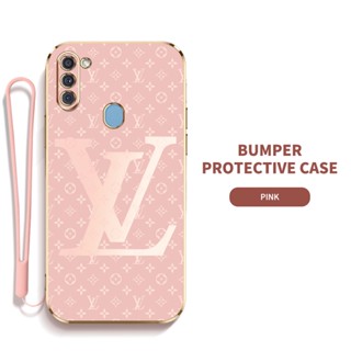 LV Ybd เคสโทรศัพท์มือถือ ซิลิกาเจล พร้อมสายคล้อง บาง ป้องกันเลนส์ สําหรับ Samsung Galaxy A11 M11 A10 M10 A02 A7 2018 A750 A01 M01