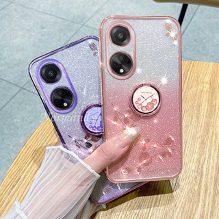 พร้อมส่ง เคสโทรศัพท์มือถือ ปิดด้านหลัง ป้องกันกล้อง แต่งกลิตเตอร์ ไล่โทนสี พร้อมแหวนขาตั้ง สําหรับ OPPO A38 A58 NFC 4G 2023