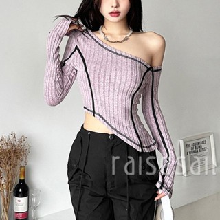 Rsa- เสื้อครอปท็อป แขนยาว เปิดไหล่ สีตัดกัน สไตล์ฤดูร้อน สําหรับผู้หญิง