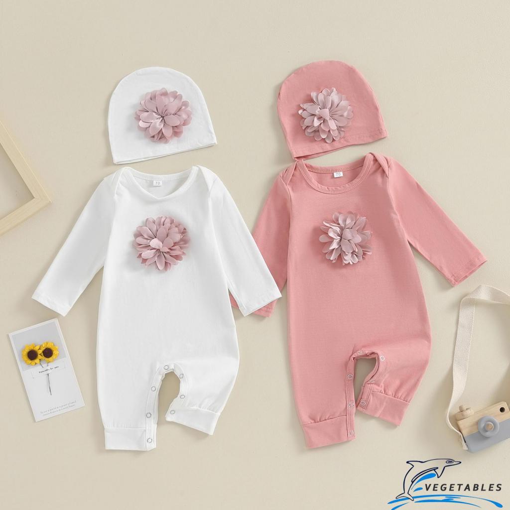 Zhy ชุดรอมเปอร์ แขนยาว คอกลม ลายดอกไม้ 3D สีพื้น พร้อมหมวก 2 ชิ้น สําหรับเด็กทารกผู้หญิง