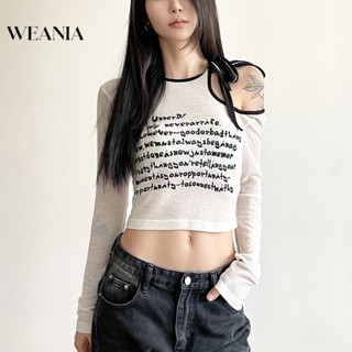 Weania เสื้อครอปท็อป คอกลม แขนยาว พิมพ์ลาย เซ็กซี่ สําหรับผู้หญิง