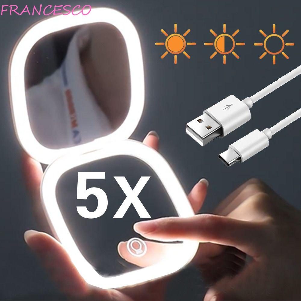 Francesco กระจกแต่งหน้า LED 10X 5X พับได้ แบบพกพา สีดํา สีขาว สีชมพู สําหรับเดินทาง