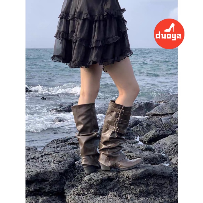 Duoya Factory รองเท้าบูทยาว ส้นหนา ทรงตรง สีน้ําตาล สไตล์คาวบอยตะวันตก สําหรับผู้หญิง ส่งฟรี