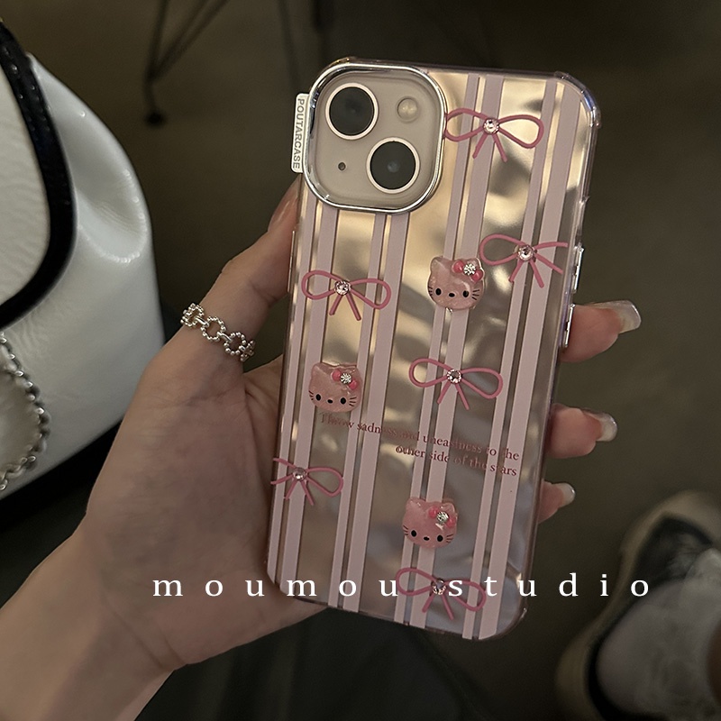 Huiwanju เคสป้องกันโทรศัพท์มือถือ ลายแมวสีชมพู ประดับโบว์วิบวับ สําหรับ iPhone 15 12 13promax