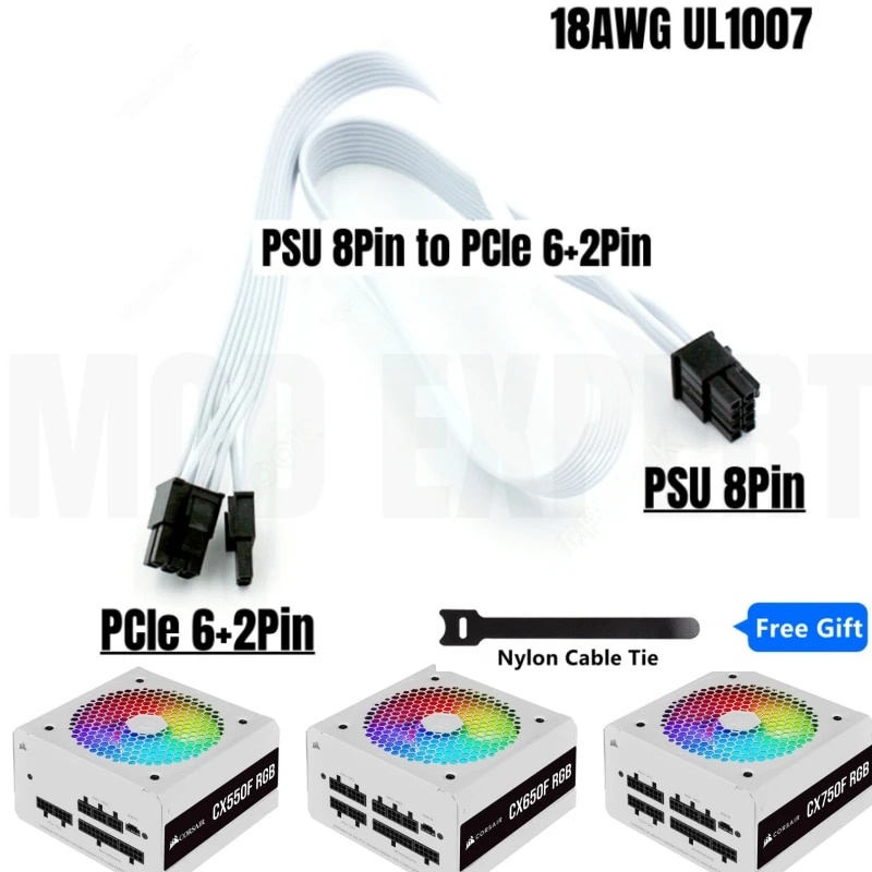 Prenium สีขาว PSU 8Pin to PCIe 6 + 2Pin GPU สายไฟสําหรับ CORSAIR CX550F CX650F CX750F RGB Modular Po