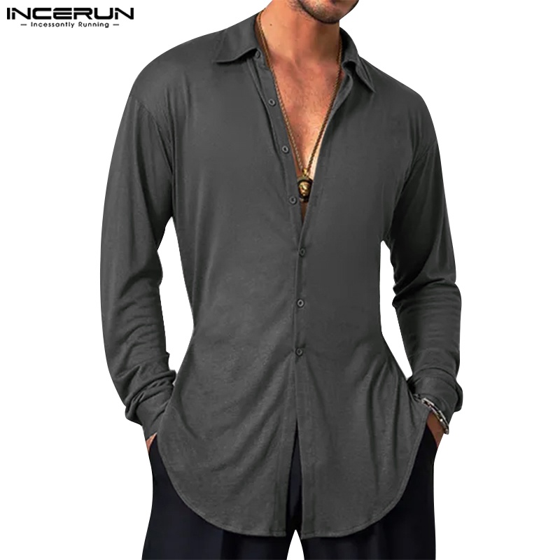 Incerun เสื้อเชิ้ตแขนยาว สีพื้น สไตล์วินเทจ เรียบง่าย สําหรับผู้ชาย