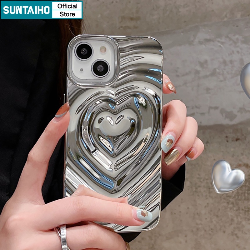 Suntaiho เคสโทรศัพท์มือถือ ซิลิโคนนิ่ม TPU กันกระแทก ปิดด้านหลัง ลายหัวใจ 3D สีวาว เรียบง่าย สไตล์เกาหลี สร้างสรรค์ สําหรับ Iphone 15 14 12 13 11 IP 15 Pro Max
