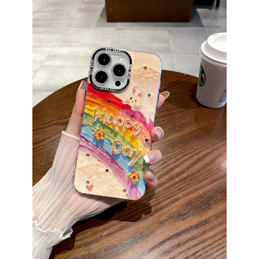 Rainbow Rabbit Shiny เจาะกล้องป้องกันฟิล์ม TPU สําหรับ Apple IPhone 16 15 14 13 12 11 Pro Max 14Plus 15Plus 16Plus เคสกันกระแทก