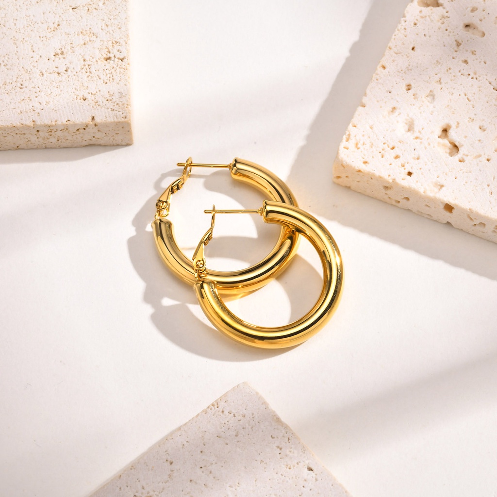 Vnox ต่างหูห่วงวงกลม สเตนเลส ทอง 18K 30 มม. 40 มม. 50 มม. สําหรับผู้หญิง - รูปที่ 3