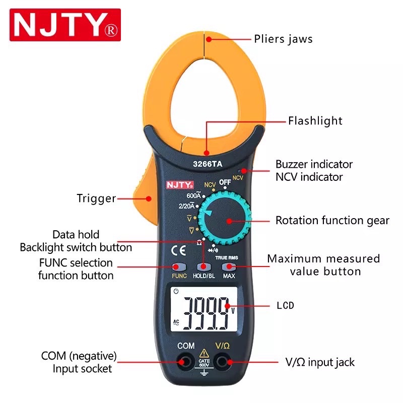 เครื่องกำเนิดไฟ NJTY 3266TA แคลมป์มิเตอร์ Digital Clamp Meter 2000 Counts Auto Range Multimeter with