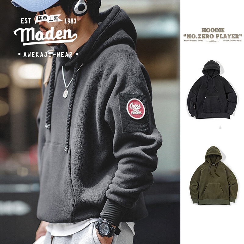 Maden เสื้อกันหนาวลําลอง ผ้าฟลีซ แบบหนา มีฮู้ด สไตล์ยุโรป และอเมริกา เหมาะกับฤดูใบไม้ร่วง สําหรับผู้ชาย 2023