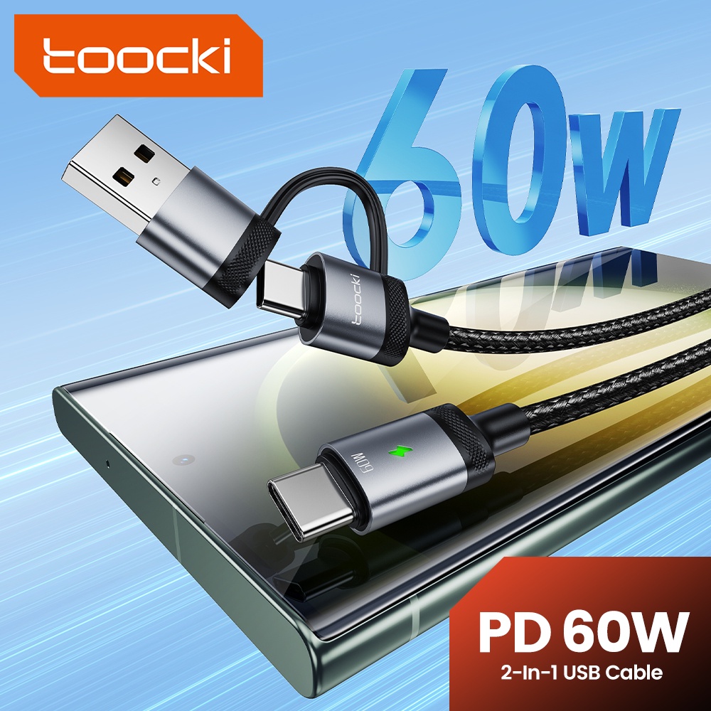 Toocki PD 60W 2-in-1 สายชาร์จเร็ว USB Type C เป็น Type C ไฟแสดงสถานะอัจฉริยะ แบบถัก