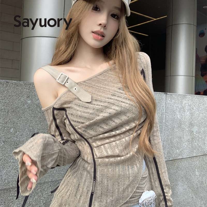 Sayuory เสื้อยืดแขนยาว ผ้าถัก ทรงสกินนี่ ทรงพิเศษ สําหรับผู้หญิง 2023