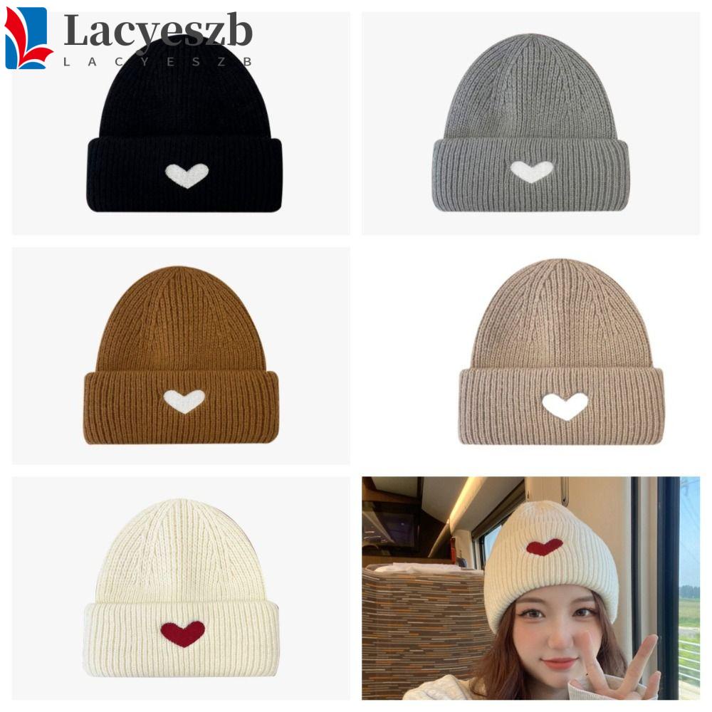 Lacyeszb หมวกบีนนี่ ผ้าวูลถัก ยืดหยุ่น ปักลายหัวใจ สีพื้น สําหรับกลางแจ้ง