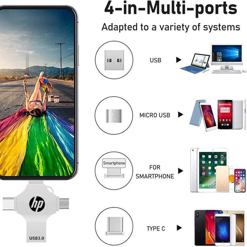 Hp แฟลชไดรฟ์ 2TB 4 IN 1 OTG ความเร็วสูง USB3.0 ดิสก์ U ที่เก็บข้อมูลโทรศัพท์ เมมโมรี่สติ๊ก กันน้ํา สําหรับโทรศัพท์ แท็บเล็ต Android PC