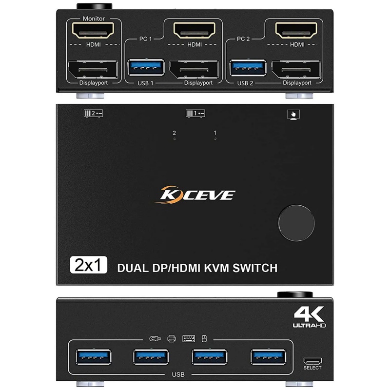 DP HDMI USB 3.0 KVM Switch, Dual Monitors Displayport KVM Switcher Supports 4K@60Hz for 2 Computers 