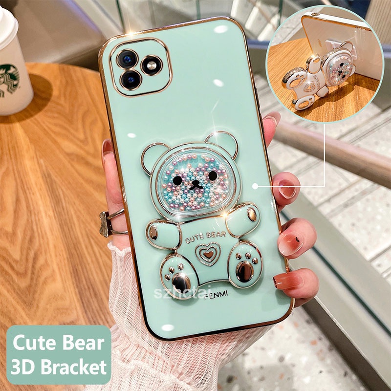 เคสโทรศัพท์ samsung a05 a05s เคสโทรศัพท์มือถือชุบนิ่ม ทรงสี่เหลี่ยม ลายหมีน่ารัก 3D พร้อมที่ตั้งวาง 