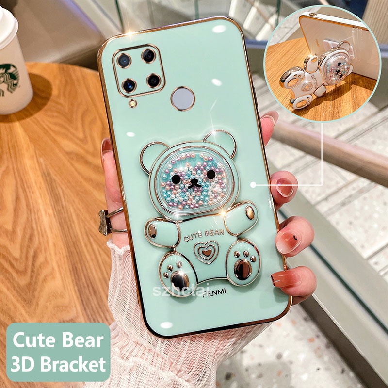 เคสโทรศัพท์ realme c15 c12 c25 c25s เคสโทรศัพท์มือถือชุบนิ่ม ทรงสี่เหลี่ยม ลายหมีน่ารัก 3D พร้อมที่ตั้งวาง สําหรับ realme c15 c12 c25 c25s