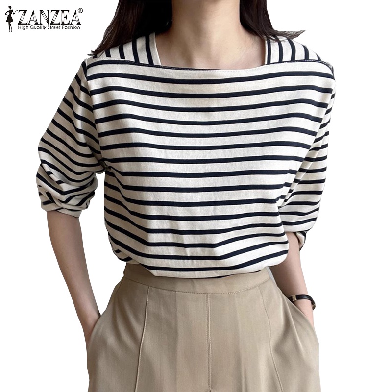 Zanzea เสื้อยืดลําลอง แขนยาว คอสี่เหลี่ยม ลายทาง สไตล์เกาหลี สําหรับผู้หญิง