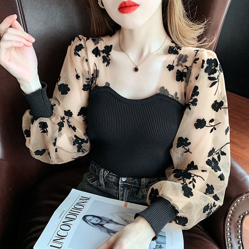 เสื้อเชิ้ตแขนโคมไฟ ผ้าชีฟอง ลายดอกไม้ แฟชั่นเรโทร สไตล์ฝรั่งเศส