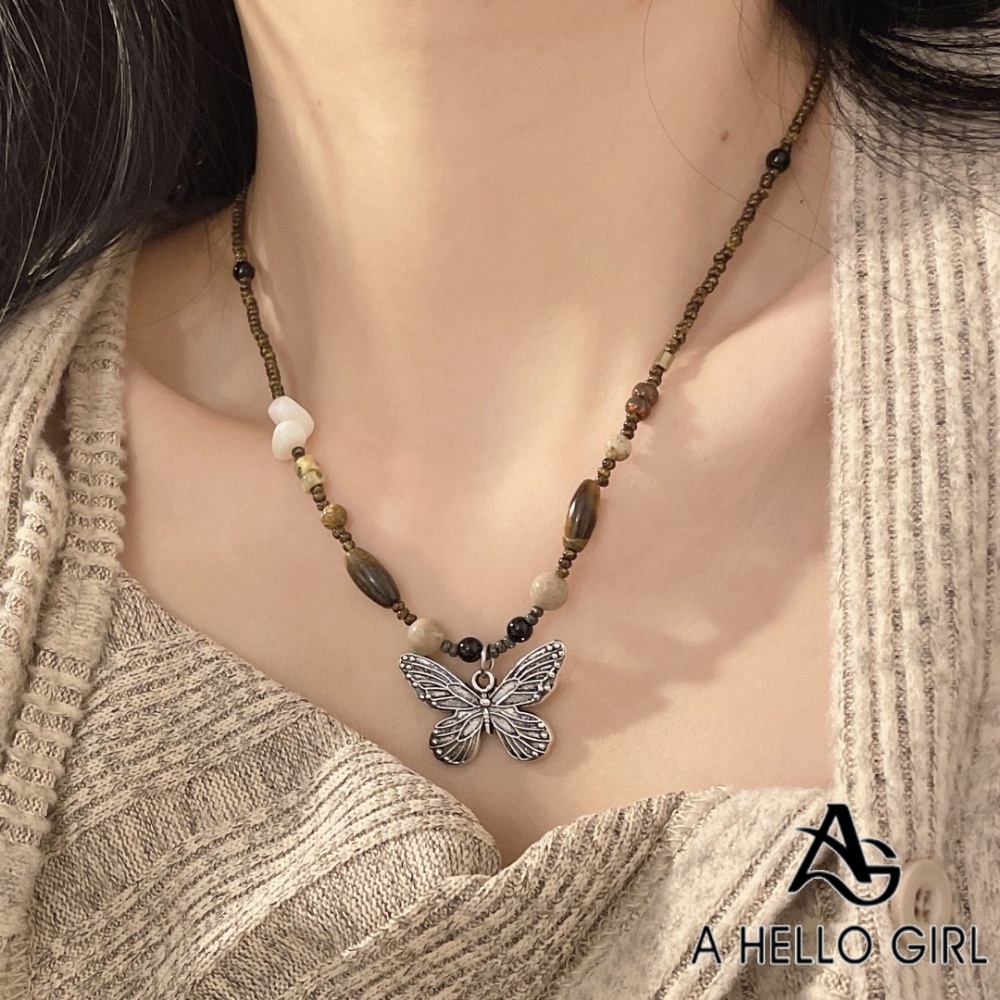 A HELLO GIRL สร้อยคอโซ่ จี้ผีเสื้อ หินธรรมชาติ สไตล์วินเทจ เครื่องประดับ สําหรับผู้หญิง