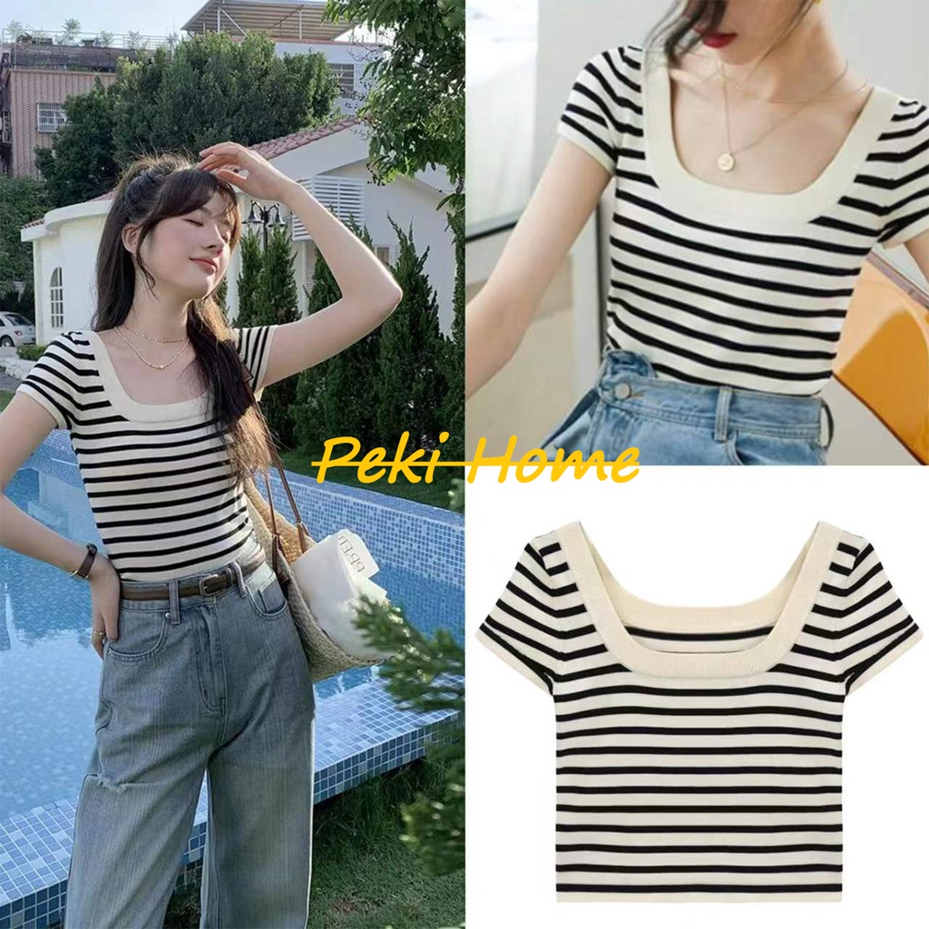 พร้อมส่ง เสื้อครอปสั้นคอกลมลายทาง สไตล์เกาหลีเรียบง่ายผู้หญิง