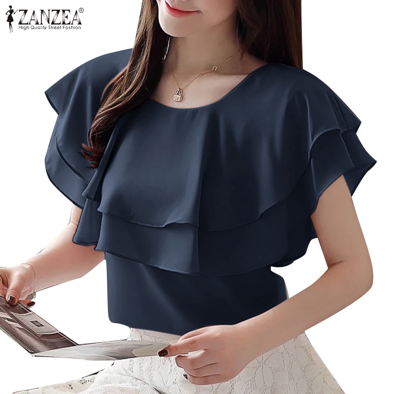 Zanzea เสื้อเบลาส์ คอกลม แขนสั้น ทรงหลวม สีพื้น สไตล์เกาหลี สําหรับผู้หญิง