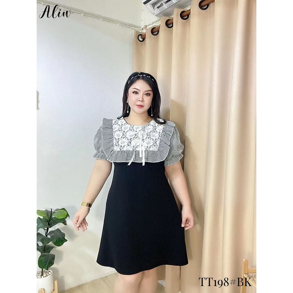 PLUS SIZE DRESS [ LACE LINE PUFF SLEEVE DRESS] TT198BK 中大码丝线bar Extractor