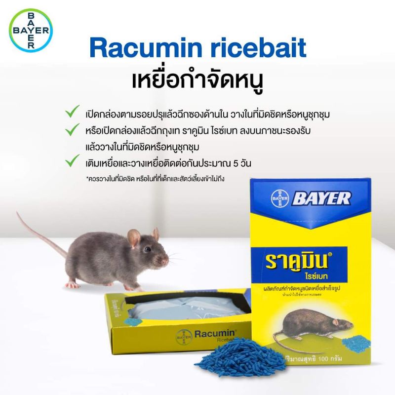 ปราบหนู Bayer ราคูมิน​ ไรซ์เบท ผลิตภัณฑ์​กำจัดหนูชนิดข้าวสาร​ ปริมาณ​สุทธิ​ 100 กรัม