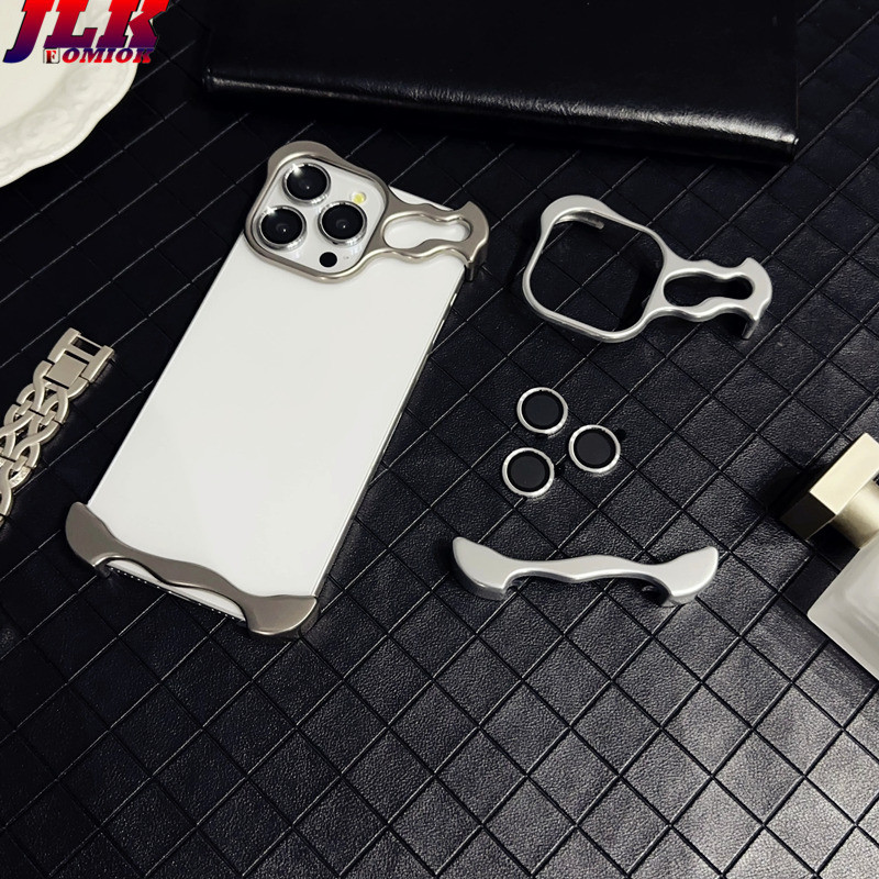 [JLK] Shape-Speciald Zinc Alloy Frameless Phone Case For iPhone 14 15 13 Pro Max Plus Lens Protection Metal Anti-Drop Protective Case