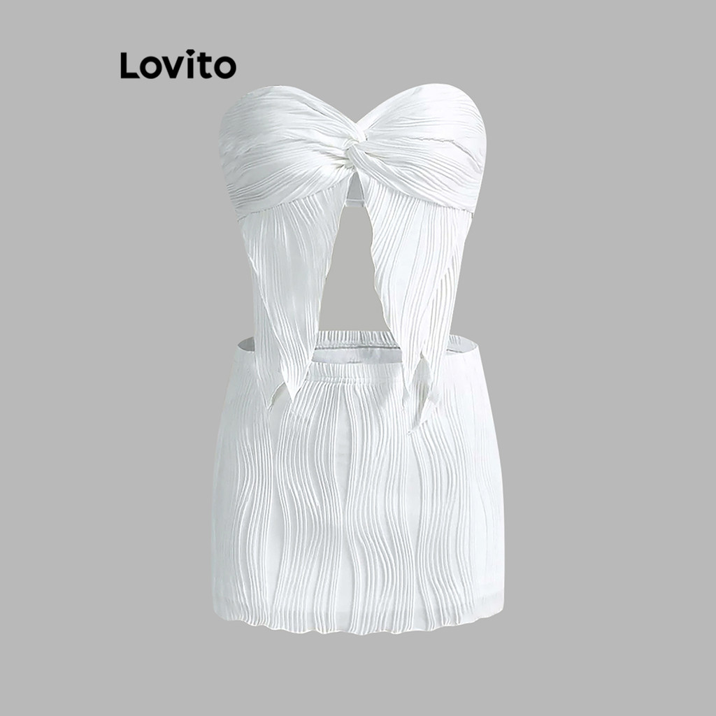 Lovito ชุดเซ็ทกระโปรงผู้หญิง ขอบหยัก ผ้ามีเท็กซ์เจอร์ สีพื้น สไตล์ลำลอง L88AD006