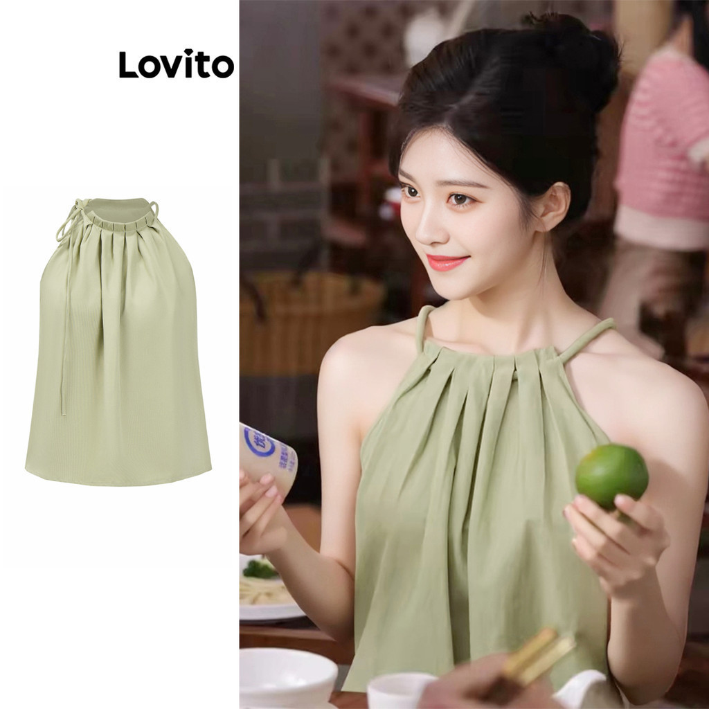 Lovito เสื้อแขนกุดผู้หญิง แต่งจีบ สีพื้น สไตล์หรูหรา L95ED489