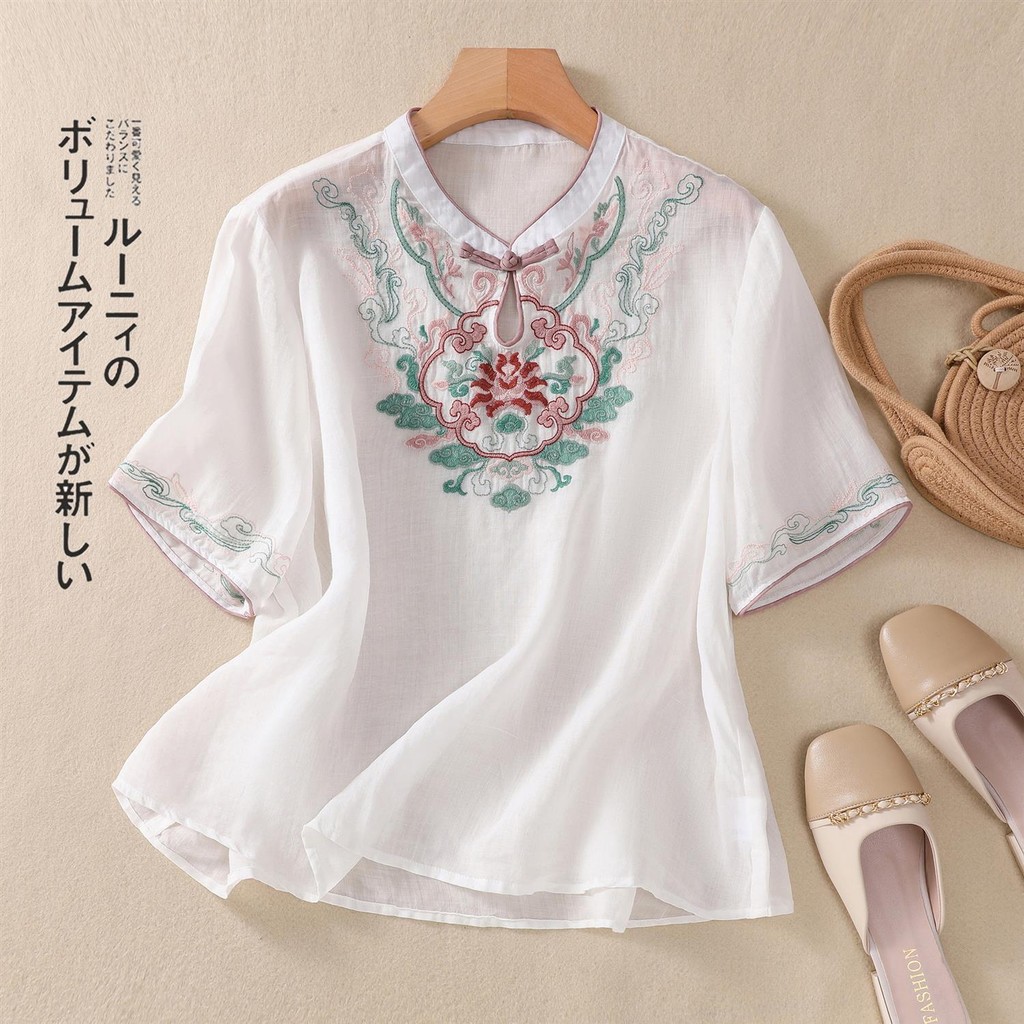 ชุดเสื้อผ้าที่ได้รับแรงบันดาลใจจากเอเชียสำหรับผู้หญิง เสื้อเบลาส์บารอง เสื้อผ้าฝ้ายและลินินสำหรับผู้หญิง ขนาดใหญ่ ฤดูร้อน เสื้อหลวม