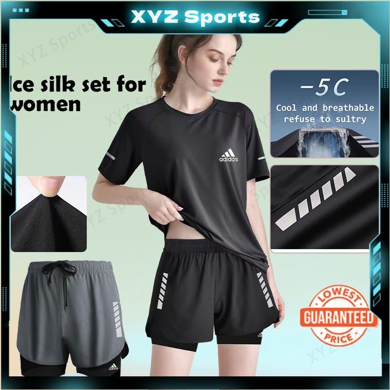 2 ชิ้น/codwomens Tracksuit Running Fitness ยืดหยุ่นสูงแห้งเร็วชุดกีฬา Summertime บาสเกตบอลฟุตบอลผ้าไหมน้ําแข็งแขนสั้นกางเกงขาสั้นชุดชุดโยคะ