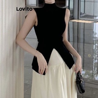 Lovito เสื้อกล้าม ผ่าหน้า แบบเรียบ สง่างาม สําหรับผู้หญิง LNE21107 (สีดํา)