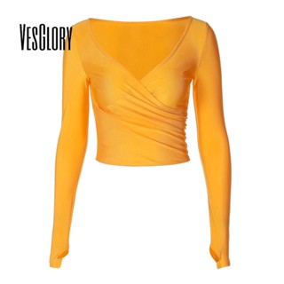 Vesglory เสื้อครอปท็อป แขนยาว คอวี พิมพ์ลาย สีพื้น ทรงสลิมฟิต แฟชั่นสําหรับผู้หญิง 2023