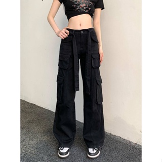 【TG-youzan】 American Retro High Street Multi-Pocket Cargo Pants Womens All-Match High Waist Loose Straight Casual Drape Wide-Leg Casual Pants q9We