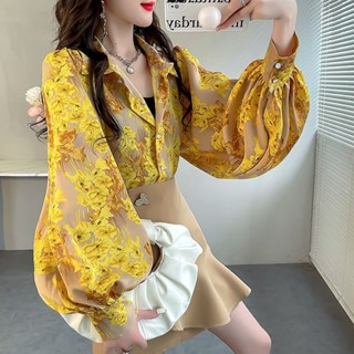 เสื้อเชิ้ตแขนโคมไฟ ผ้าชีฟอง ลายดอกไม้ ระดับไฮเอนด์ สีเหลือง สําหรับผู้หญิง