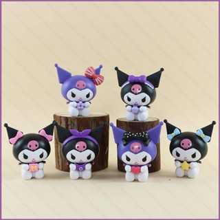 Sq2 โมเดลตุ๊กตาฟิกเกอร์ Sanrio Kuromi ประดับโบว์ ของขวัญ สําหรับเด็กผู้หญิง 6 ชิ้น