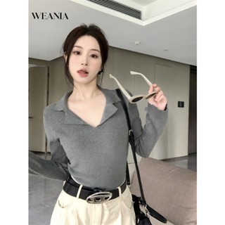 Weania เสื้อยืดถัก แขนยาว คอพับ ฤดูใบไม้ร่วง สําหรับผู้หญิง