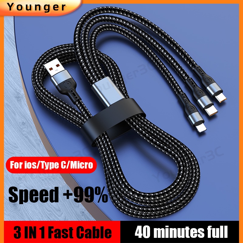 3 In 1 สายชาร์จไนล่อนถัก USB 6A 120W ชาร์จไวมาก สําหรับ ios Type C Micro