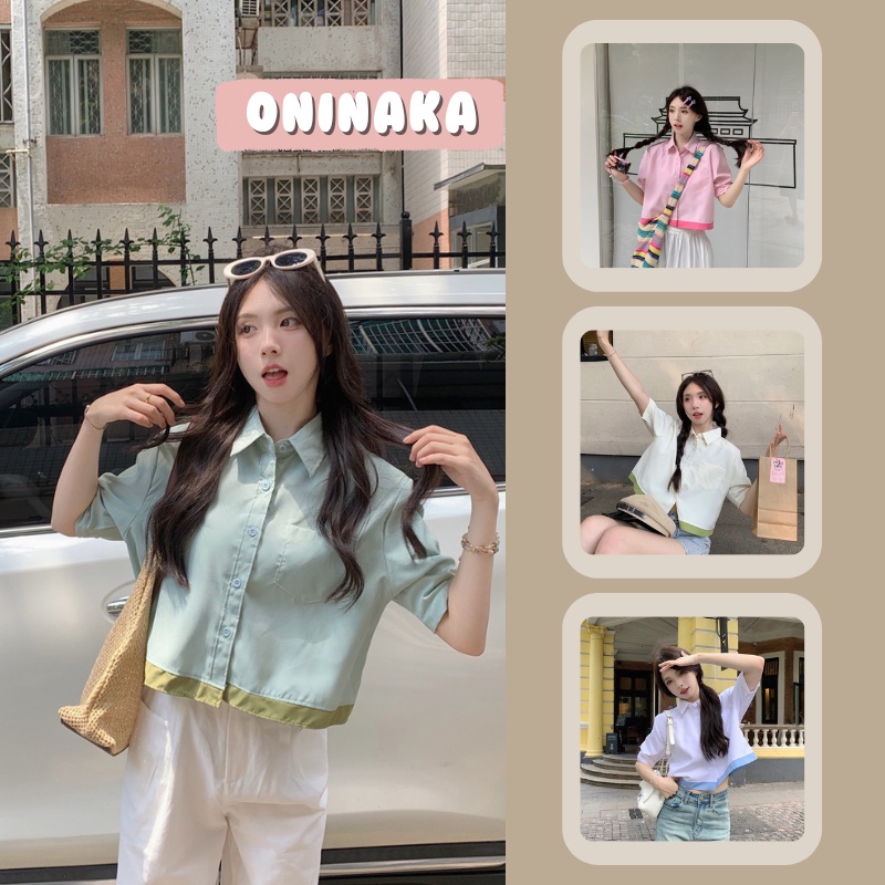 Oninaka เสื้อครอปคอปก ทูโทน น่ารักกรุบ มินิมอลสไตล์ คอลใหม่ พร้อมส่ง